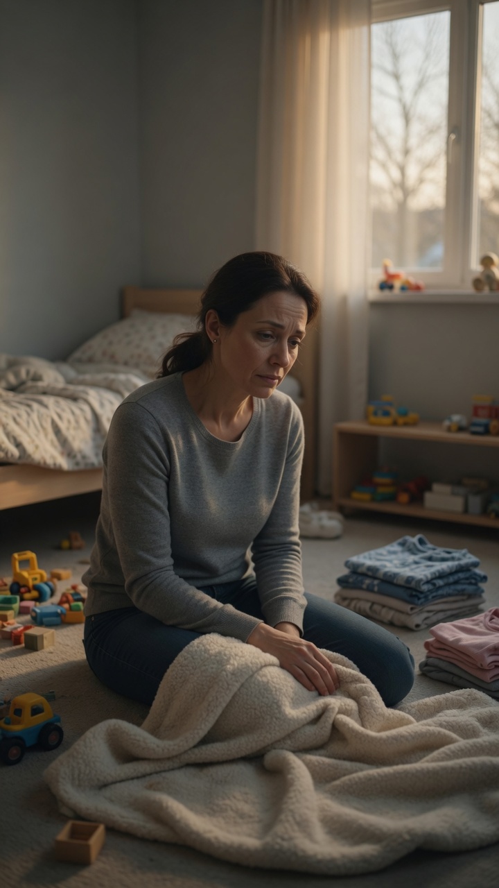 A parent sitting alone in the unbearable quiet after losing a child, nothing feeling real