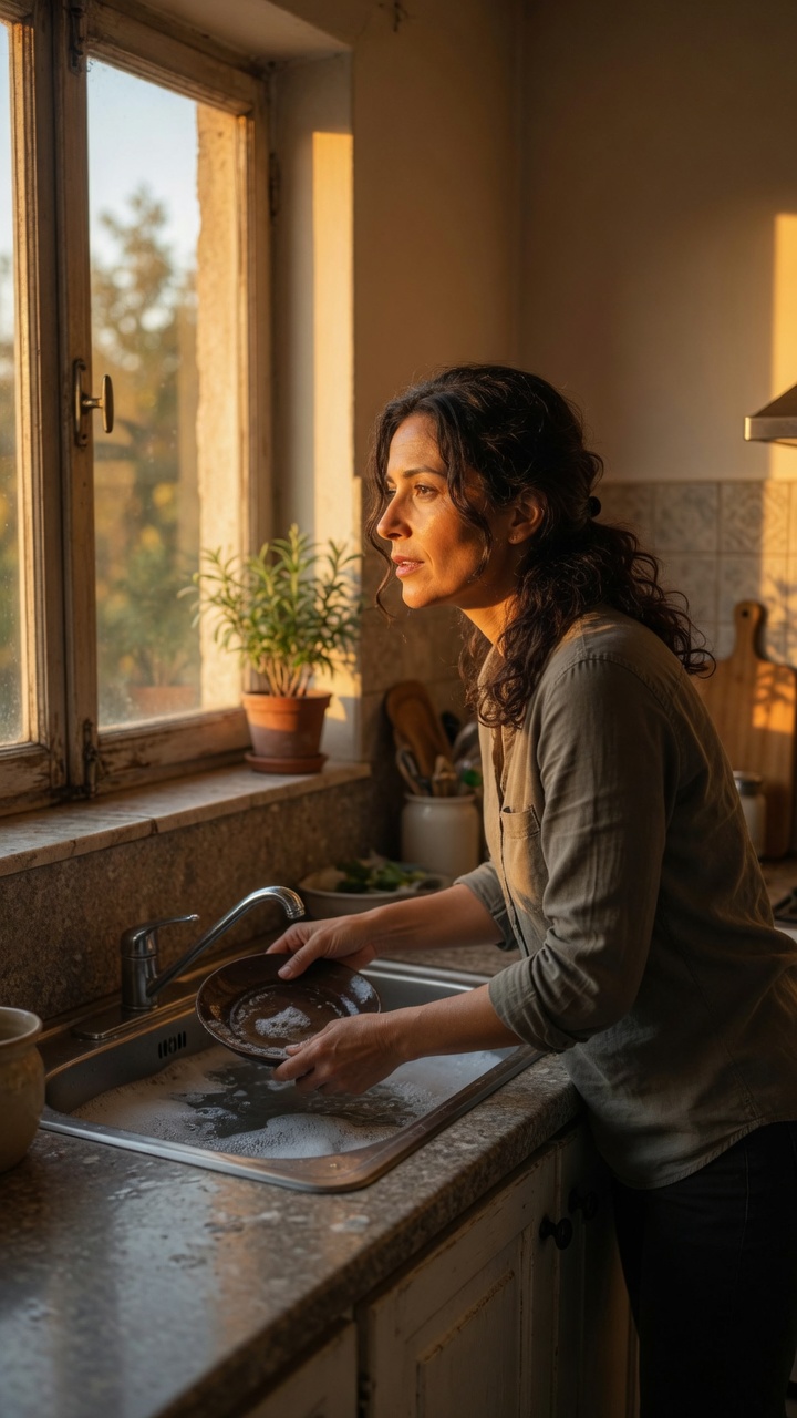 A person pausing quietly mid-task, still talking to their mom after she died