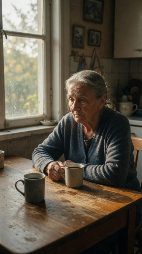A woman sitting alone at a table, her husband's empty chair beside her, grief and loneliness after loss
