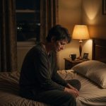 A person sitting alone by a dark window at night, grief feeling heavier in the quiet hours