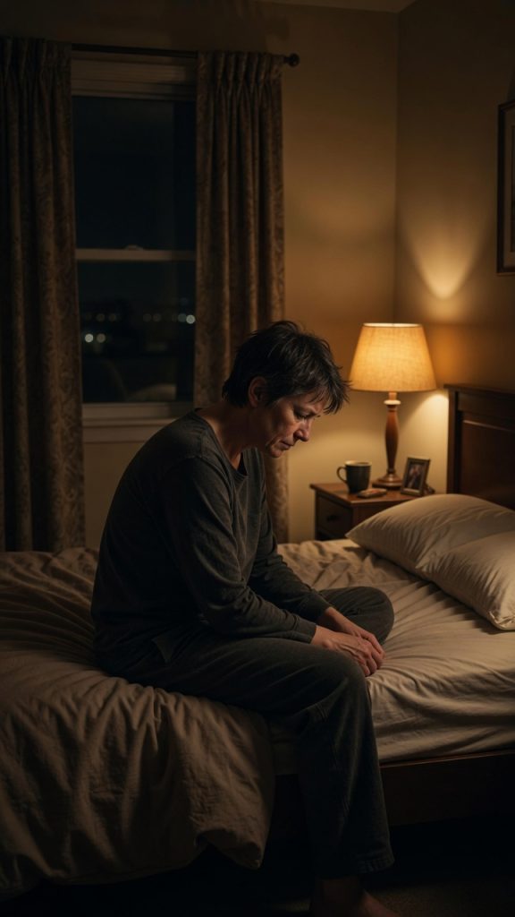 A person sitting alone by a dark window at night, grief feeling heavier in the quiet hours