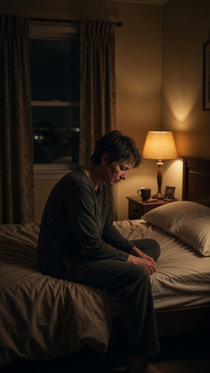 A person sitting alone by a dark window at night, grief feeling heavier in the quiet hours