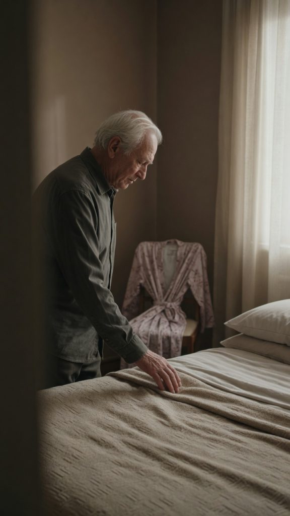A man sitting alone in a quiet house, surrounded by his wife's things, not knowing how to live without her
