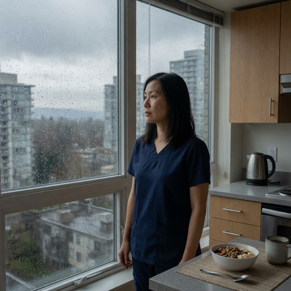 An empty room in grey light — the flatness of depression that looks like numbness