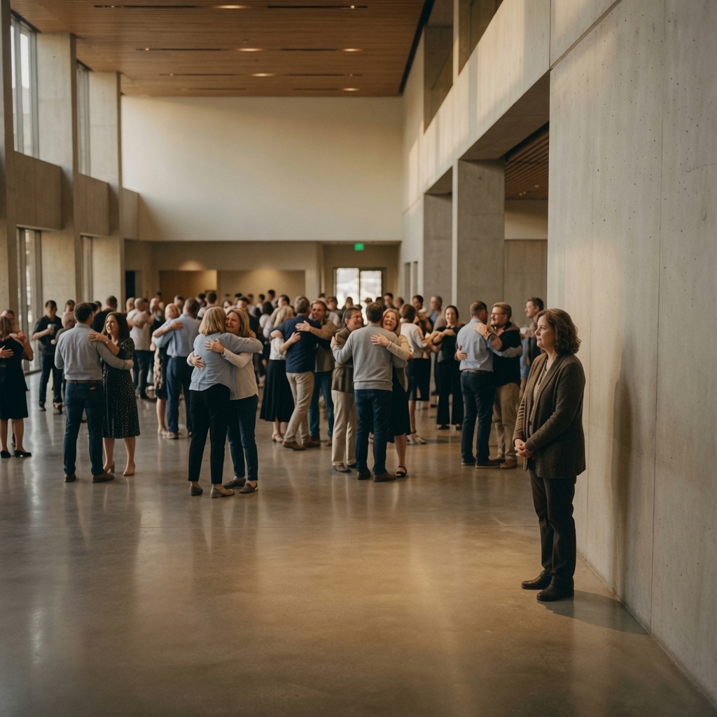 A woman standing alone in a church — loneliness at church is real, and Grace is here to listen