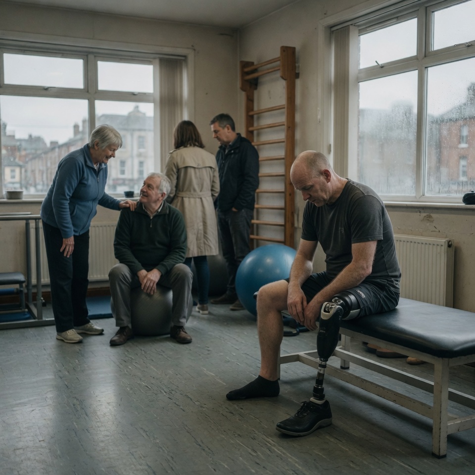 A man with a prosthetic leg sitting alone — the loneliness of a life the world stopped waiting for