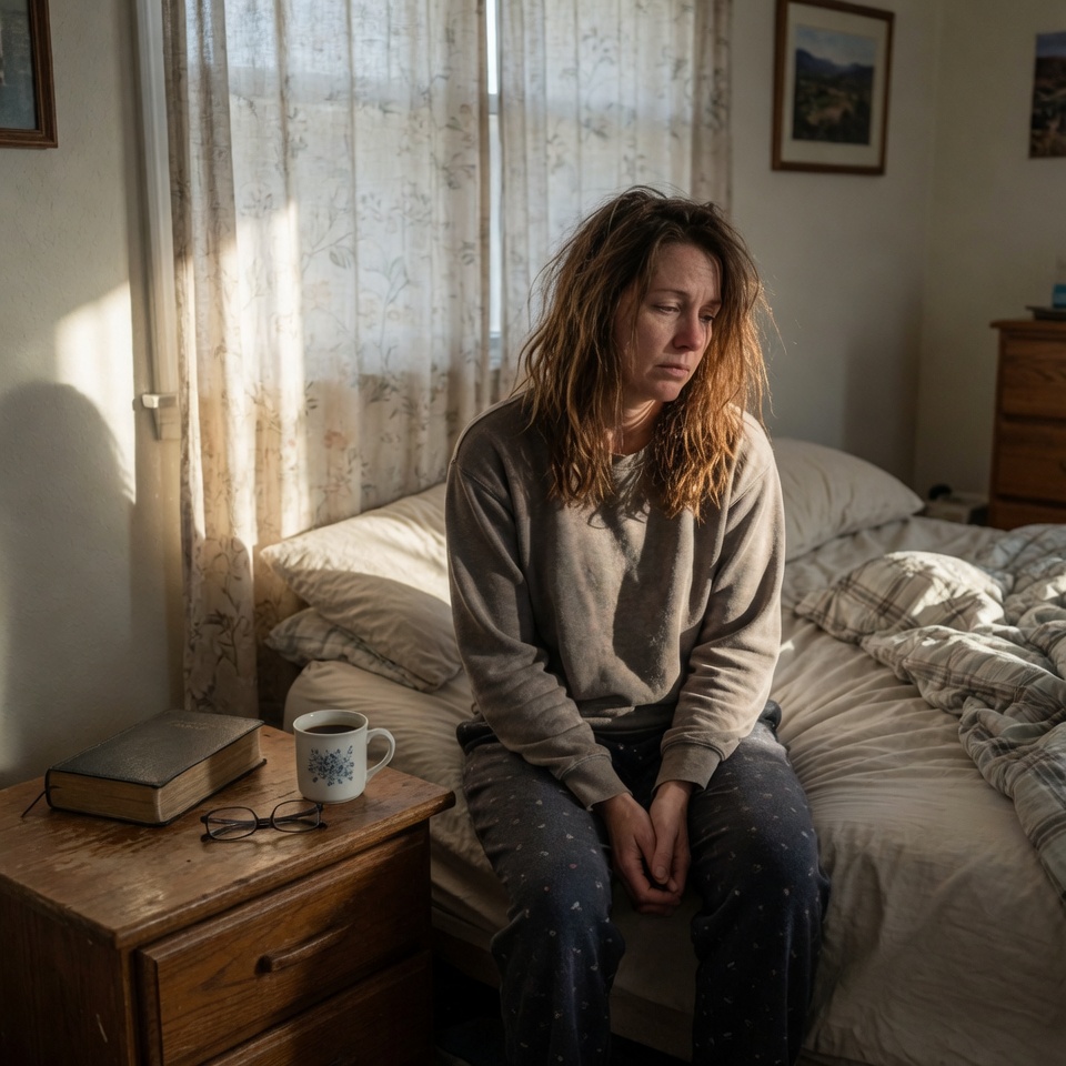 A person lying still in morning light — when you can't get out of bed and faith doesn't fix it
