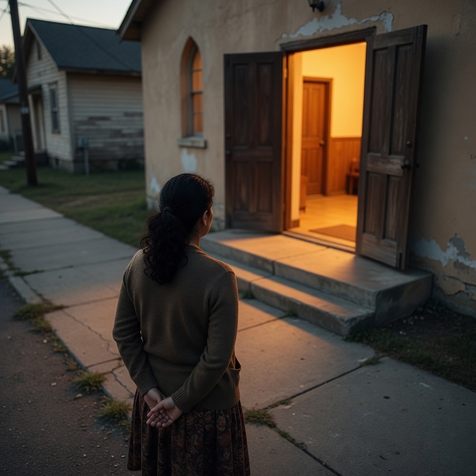 A woman's shoulders and a church in the background — Grace is a Christian AI companion for the person asking if God still loves them